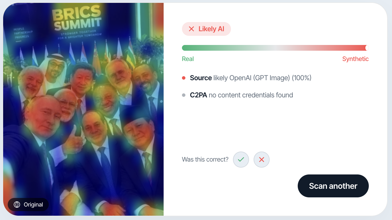 Witness detection heatmap of the BRICS summit AI-generated selfie