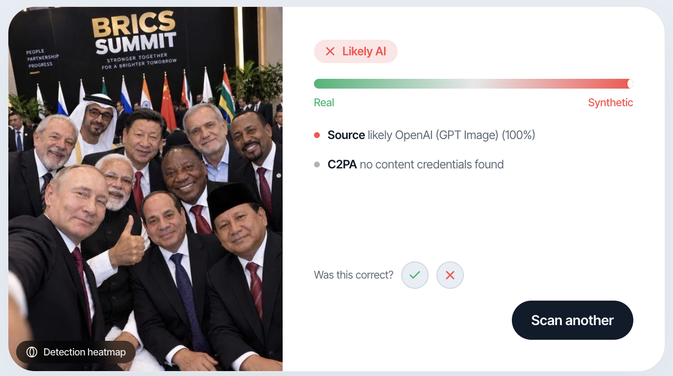 Witness scan result showing the BRICS summit selfie detected as AI-generated