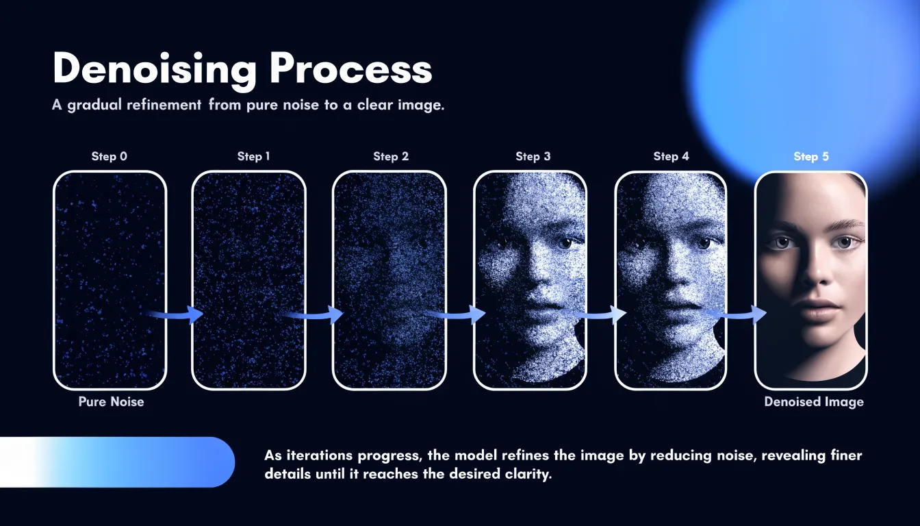 The diffusion denoising process: pure noise on the left is gradually refined through iterative steps until a clear photorealistic face emerges on the right.