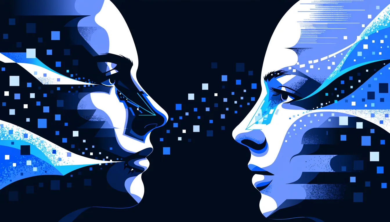 Deepfake face swap: two faces facing each other with digital pixel fragments transferring features between them, illustrating how face-swap algorithms blend one identity onto another.
