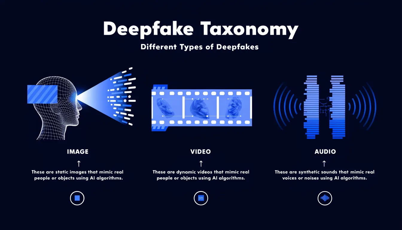 Deepfake taxonomy: the three modalities of synthetic media — AI-generated images, manipulated video footage, and synthesized digital voice.
