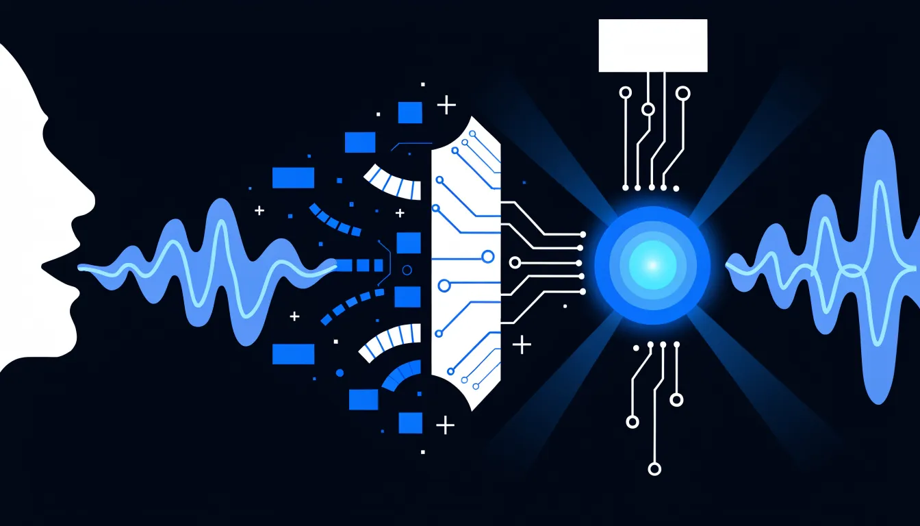 Voice cloning pipeline: speech waves from a human speaker are processed through AI circuits and neural nodes, producing a replicated voice output that mimics the original.