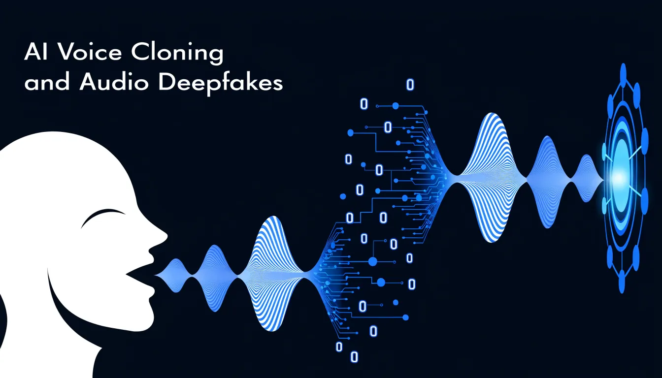 AI voice cloning: a human voice is captured, transformed through neural network circuits, and reproduced as a synthetic clone — requiring as little as three seconds of sample audio.