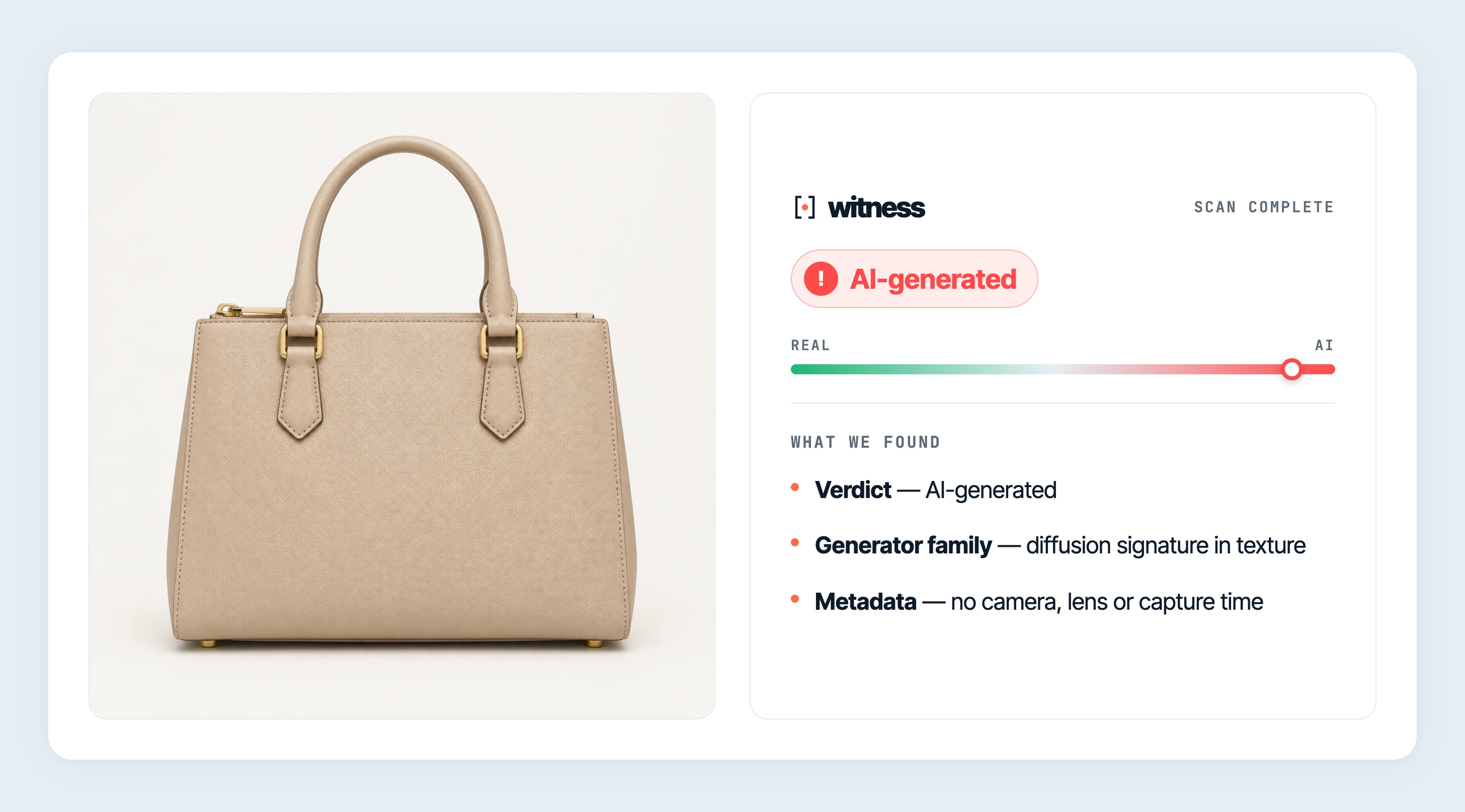 Witness scan result showing AI-generated product image detected