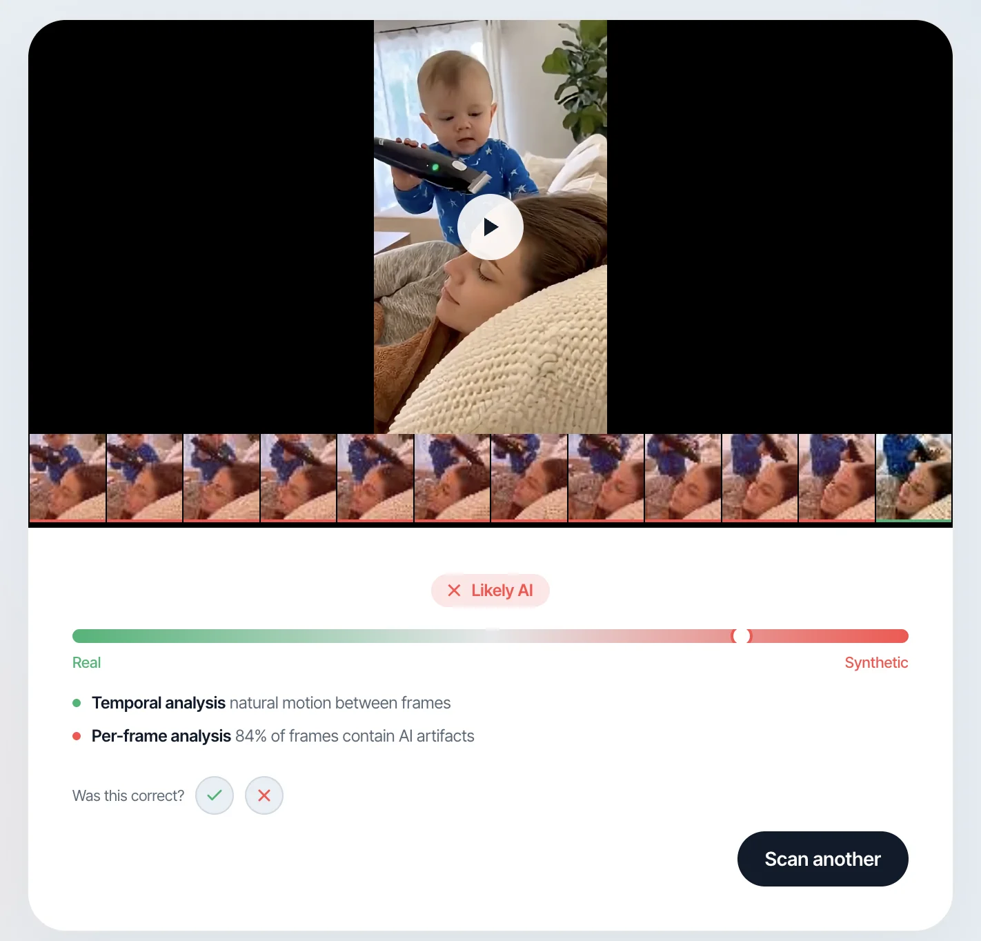Witness video scan result with temporal and per-frame analysis